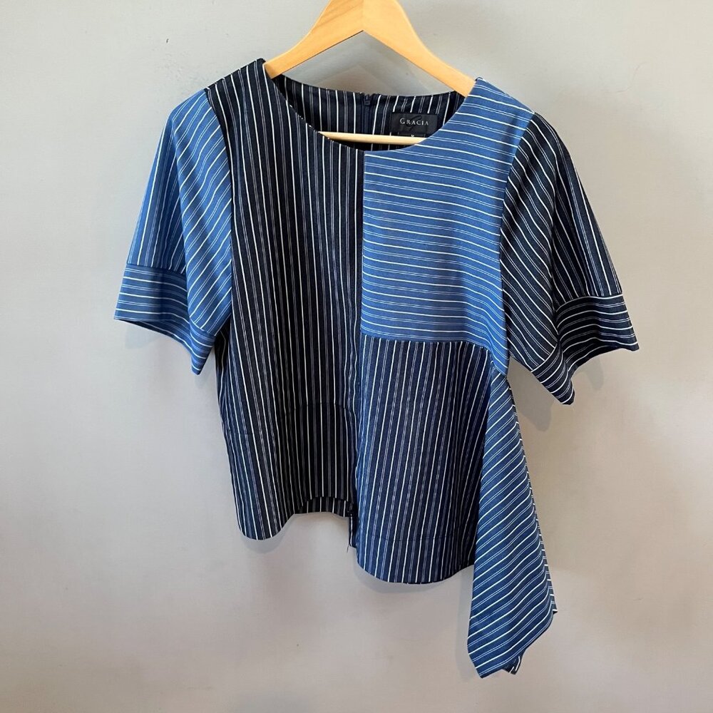 Gracia Colorblock Short Sleeve Blue Striped‎ Asymmetrical Hem Fabric Blouse Top-
